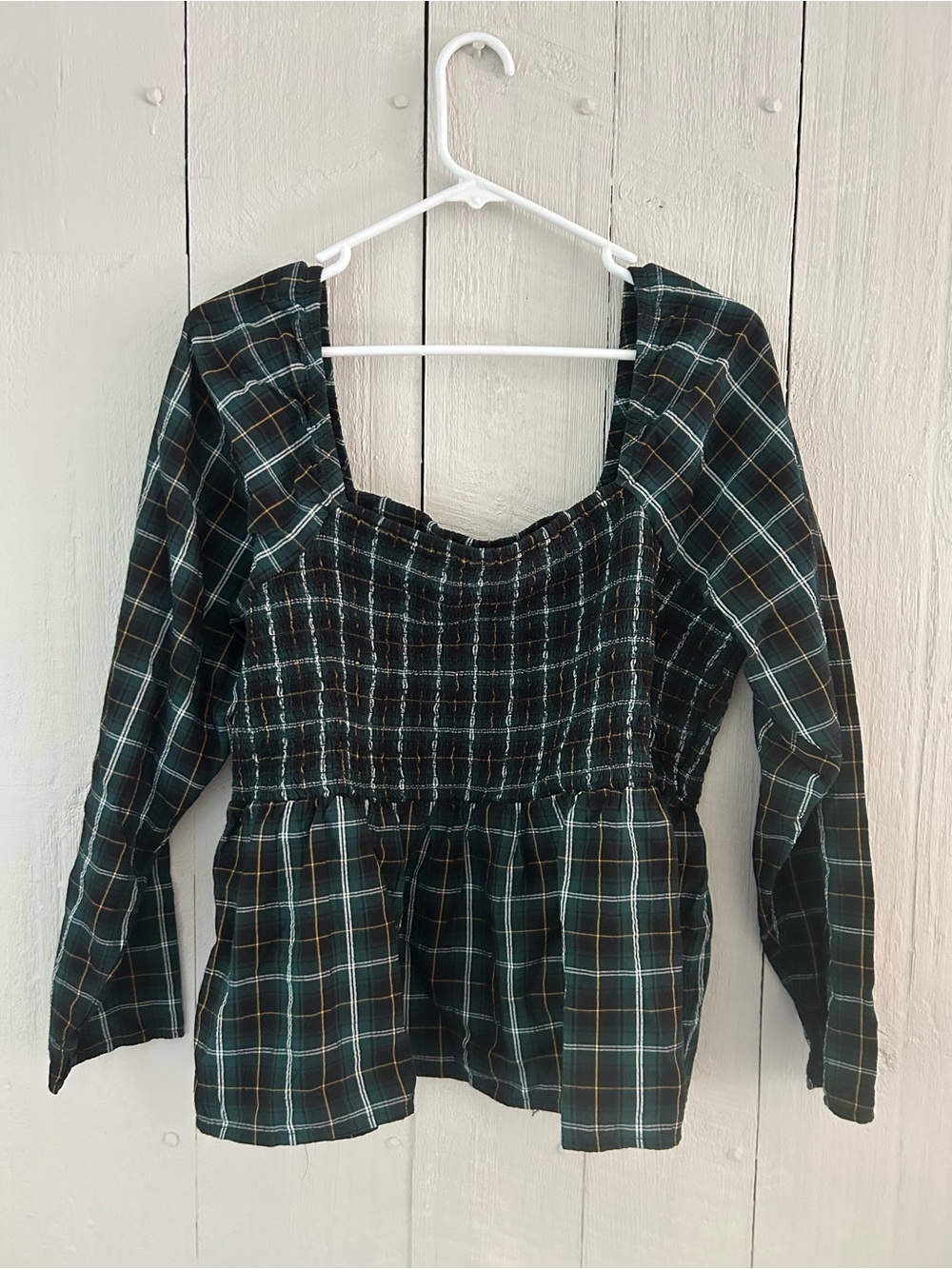 Old Navy Green Plaid Smocked Peplum Blouse